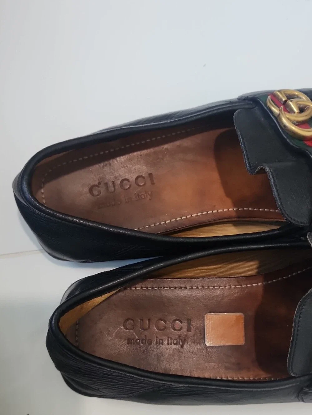 Gucci Black Leather Loafers with Green and Red Web & Gold Double G